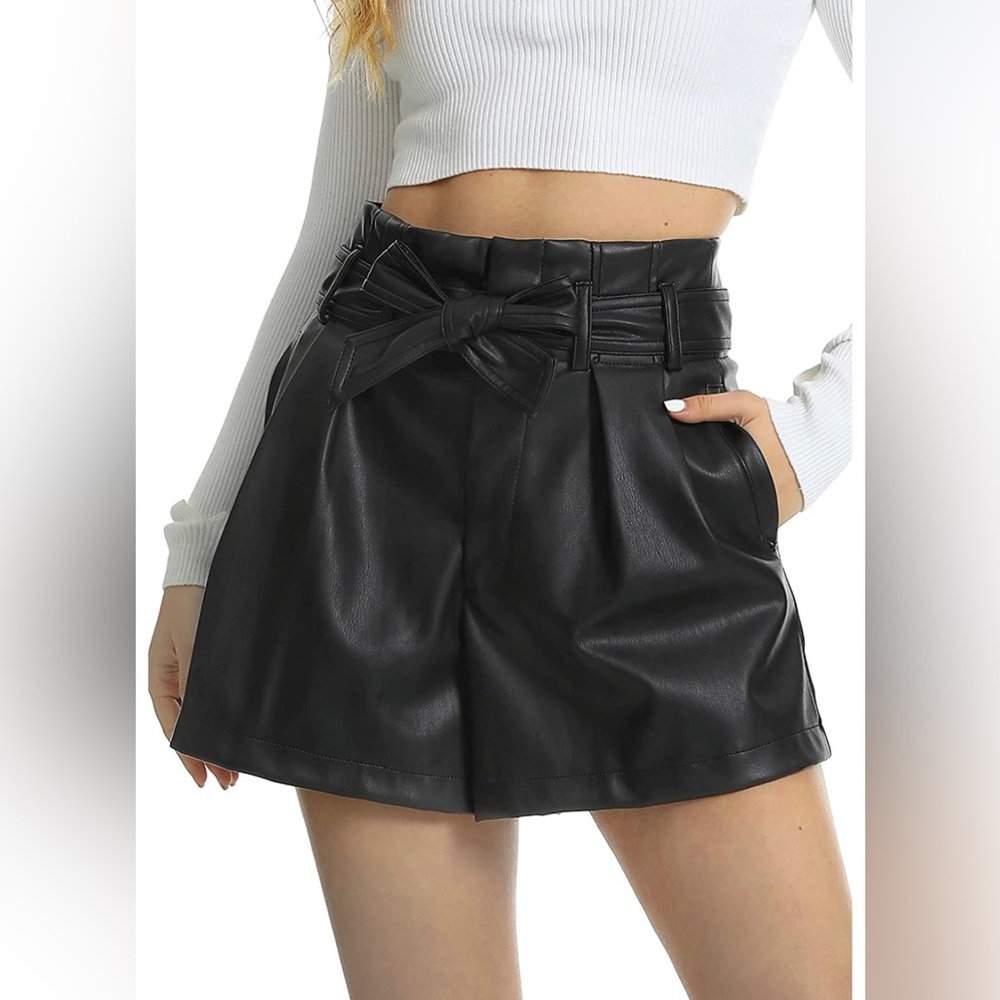 NWT Faux Leather Shorts, Casual High Waisted Belted Wide Leg Flared with Pockets